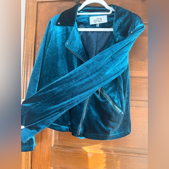 Belle by Badgley Mischka Teal Velvet Moto Jacket - Picture 6 of 9